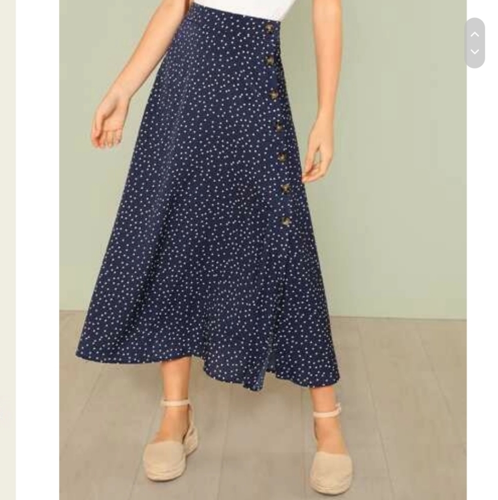 Navy Polka Dot Midi Maxi Skirt Buttons
